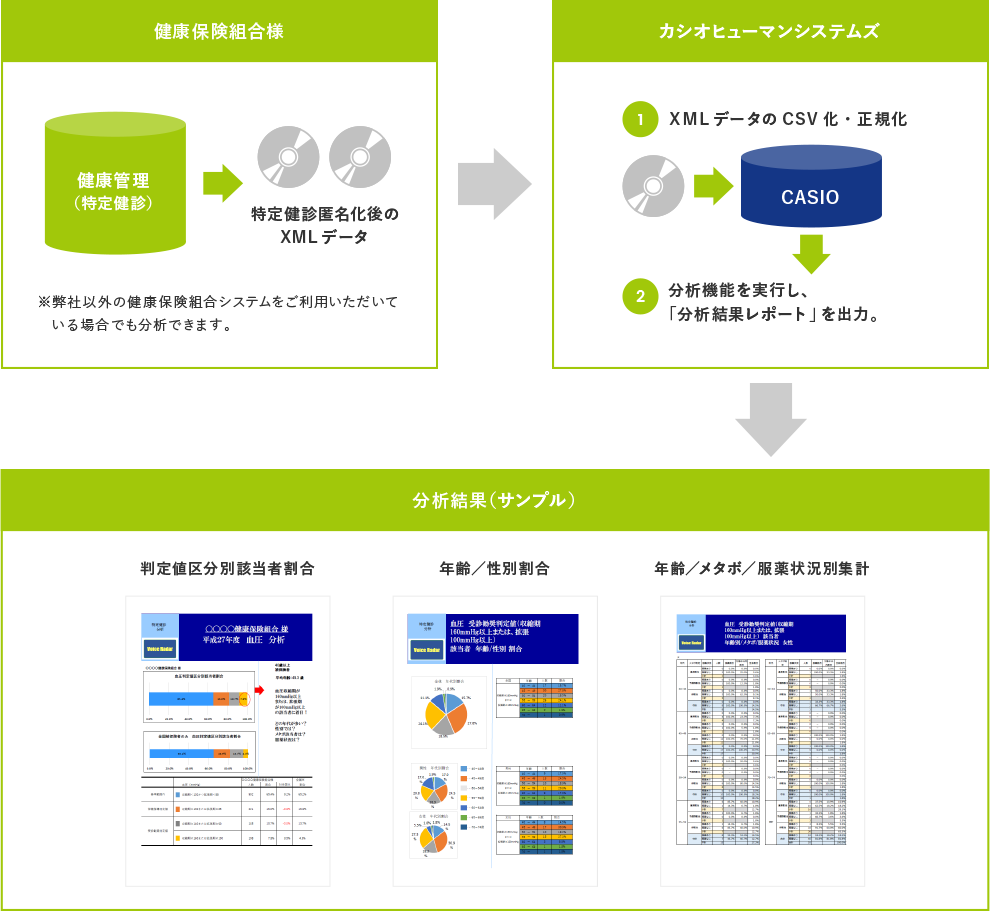 カシオヒューマンシステムズ　特定健診データ分析サービス　サービスの流れ　分析結果（サンプル）　画像