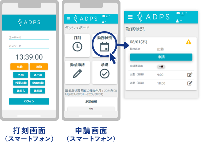 ADPS(アドプス)勤怠 | 打刻画面イメージ（モバイル）