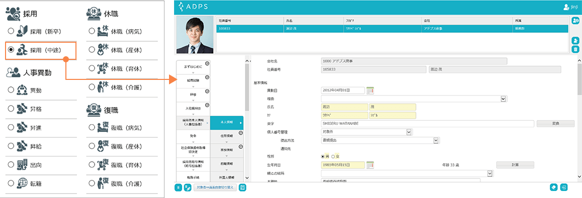 ADPS(アドプス)人事 | 人事部門の多岐にわたる業務を、各業務の流れに沿ってナビゲート