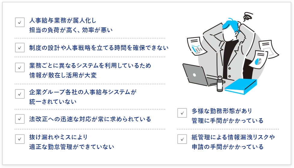 人事給与業務が属人化し 担当の負荷が高く、効率が悪い 