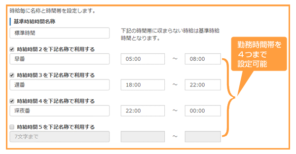 時給制における勤務時間帯を４つまで設定可能